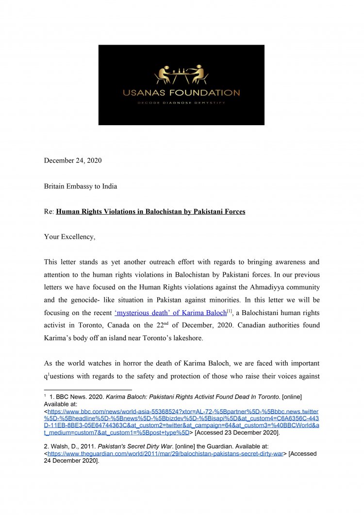 Usanas Foundation's Petitions to International Organizations on the killing of Baluch and Pashtun activists and dissidents in Canada and Sweden